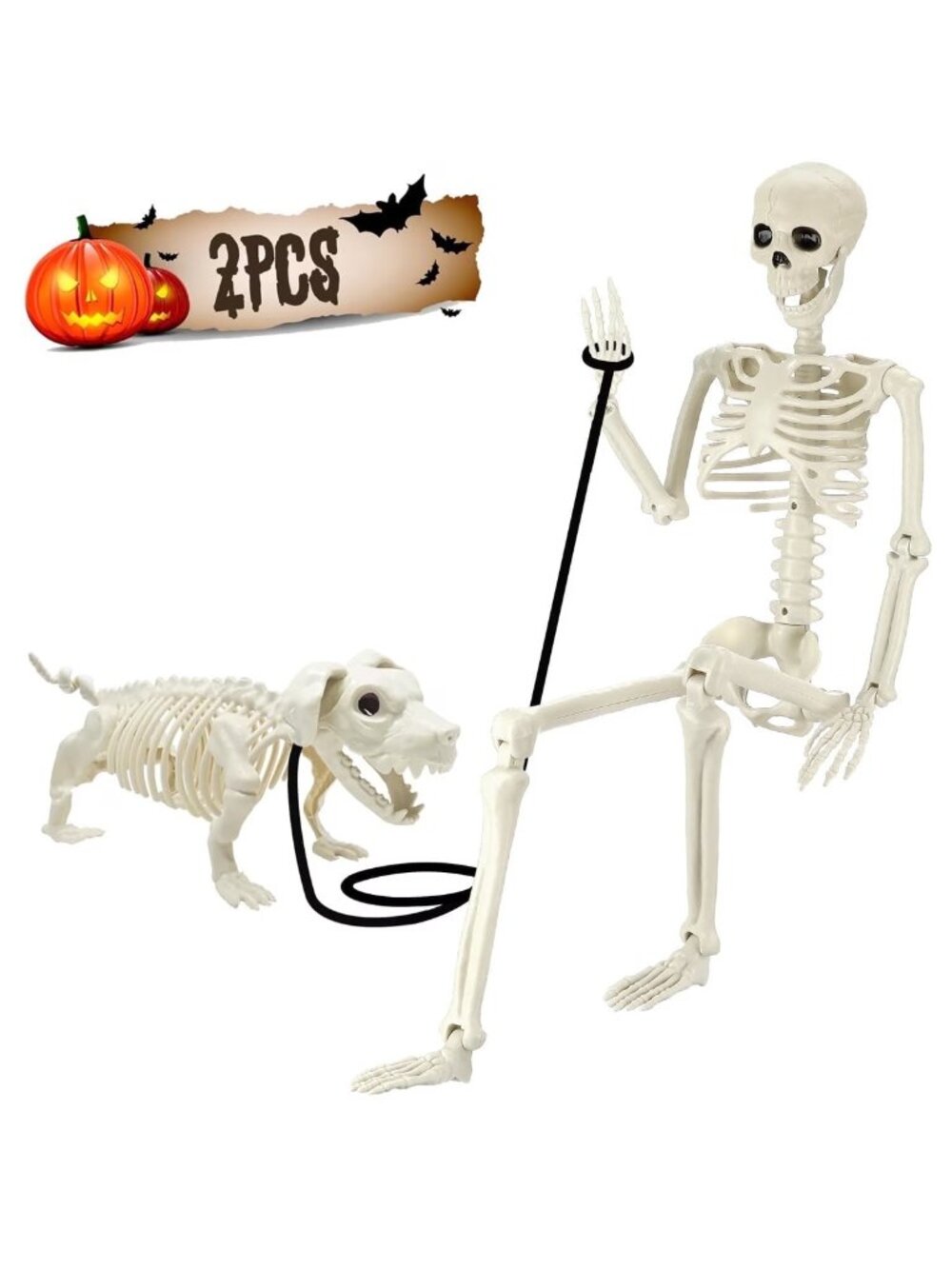 2pcs Skeleton and Dog Skeleton Halloween Decorations Posable Skeletons Halloween